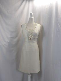 VINTAGE 1960'S WHITE HIGH WAISTED COCKTAIL DRESS WITH FLOWER & RHINESTONES