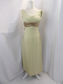 VINTAGE LATE 1950'S CELERY GREEN BROCADE SLEEVELESS GOWN