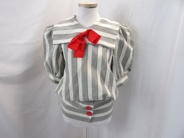 VINTAGE 1980'S FASHIONLAND GRAY & WHITE STRIPED TOP