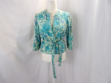 VINTAGE 1960'S BLUE FLORAL SILK JACKET WITH BELT