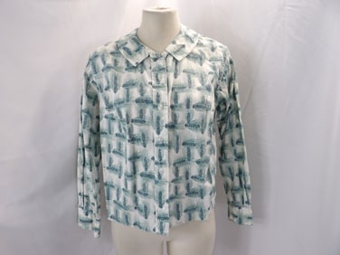 VINTAGE 1950'S BLUE & WHITE WHEAT PATTERN COTTON BLOUSE