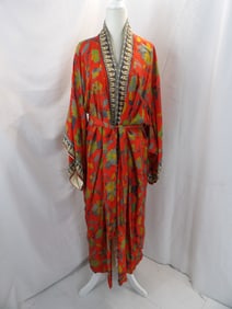 VINTAGE RED PRINTED SILK FLORAL KIMONO WITH BELT