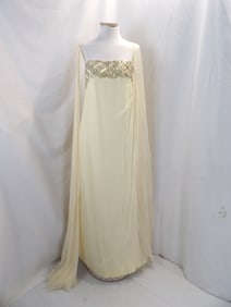 VINTAGE 1960'S JOBERE BY MORTY SUSSMAN FOR RUTH YOUNG WHITE SILK GOWN WITH SILVER & GOLD SEQUIN &