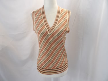 VINTAGE 1970'S BLOOMINDALE'S BROWN & RUST STRIPED KNIT VEST STYLE TOP
