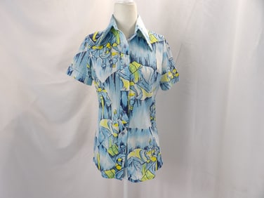 VINTAGE 1970'S TRISSI KNIT BLUE PICTURE BLOUSE