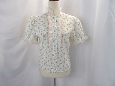 VINTAGE 1930'S WHITE WITH PURPLE ROSES COTTON BLOUSE WITH RUFFLES