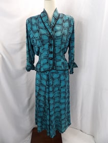 VINTAGE 1940'S R & K ORIGINAL BLACK & BLUE RAYON SKIRT & JACKET