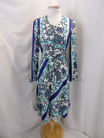 VINTAGE 1960-70'S PURPLE & BLUE FLORAL LONG SLEEVED DRESS & BELT