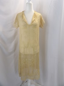 VINTAGE 1920'S GAUZE APPLIQUE & EMBROIDERED LACE FLAPPER DRESS