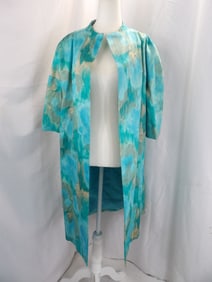 VINTAGE 1960'S BLUE SILK WATER COLOR CLUTCH FRONT COAT