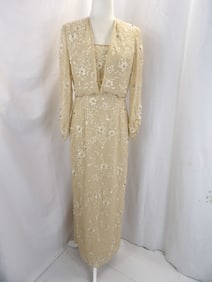 VINTAGE MONTAGY BY MON CHERI BEIGE 2 PIECE SPAGHETTI STRAP SILK GOWN & JACKET WITH EMBROIDERY &