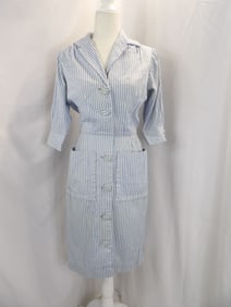 VINTAGE 1950'S HARBOR MCGRATH BLUE & WHITE STRIPED COTTON SHIRT DRESS WITH LARGE POCKETS