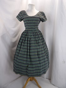 VINTAGE 1940-50'S BLACK & BLUE COTTON SUMMER DRESS WITH HEARTS & DIAMONDS