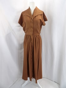 VINTAGE 1950'S JACQUES GRIFFE BROWN RAW SILK SHIRT DRESS WITH OVERSKIRT & HIDDEN POCKETS