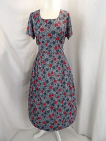 VINTAGE 1940-50'S CASUALMAKER BY SY FRANKL GRAY & RED GEOMETRIC PRINT PLEATED DRESS