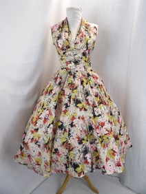 VINTAGE 1950'S SILK HALTER CIRCLE DRESS WITH RHINESTONES & BEADING