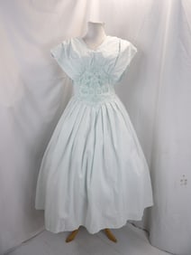 VINTAGE 1980'S PLAZA SOUTH BLUE SUMMER DRESS WITH BEADING & EYELET FLOWERS