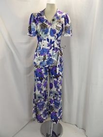 VINTAGE 1970'S TWO PIECE PANT SET WITH PURPLE & BLUE FLOWERS