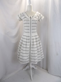 VINTAGE 1950'S BLACK SWISS DOT STRIPED PLEATED DRESS