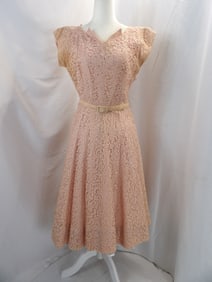 VINTAGE 1950'S PINK LACE PARTY DRESS WITH RHINESTONES & BEADING