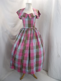 VINTAGE 1940-50'S PINK, BLUE & GREEN BLOCK PRINT COTTON POUF DRESS