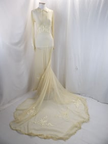 VINTAGE 1930'S SHEER WEDDING DRESS WITH SATIN APPLIQUE DESIGN