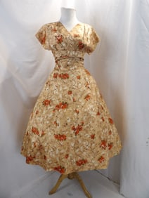 VINTAGE 1950'S BROWN, RUST ROSE & DEER PRINT FIT & FLARE PARTY DRESS