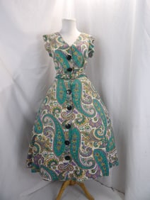 VINTAGE 1950'S SHIRT STYLE FIT & FLARE PINK & GREEN COTTON DRESS