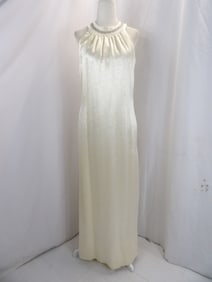 VINTAGE 1960'S WHITE PUCKERED SATIN GOWN WITH BEADING