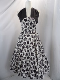 VINTAGE 1950'S BREGMAN BROWN & WHITE DOT HALTER CIRCLE DRESS