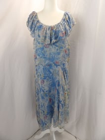 VINTAGE 1930'S SILK CHIFFON BLUE FLORAL DRESS