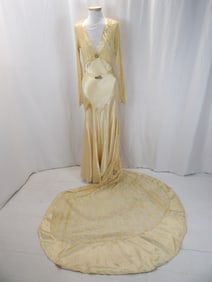 VINTAGE 1930'S SILK BIAS CUT WEDDING DRESS WITH LACE CROP JACKET & TRAIN