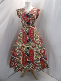 VINTAGE 1950'S PAISLEY COTTON FLARED DRESS WITH BELT