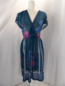 VINTAGE 1980'S SHEER BLUE & PINK FLORAL ON GREEN SLEEVELESS DRESS