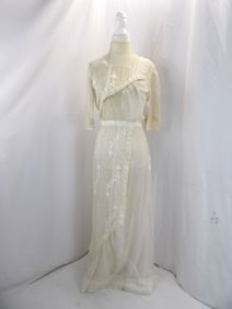VINTAGE EDWARDIAN WHITE GAUSE & EMBROIDERED WITH LACE GARDEN DRESS