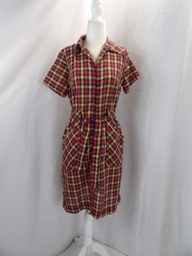 VINTAGE 1960'S BLUE, RED & YELLOW HOUSE DRESS