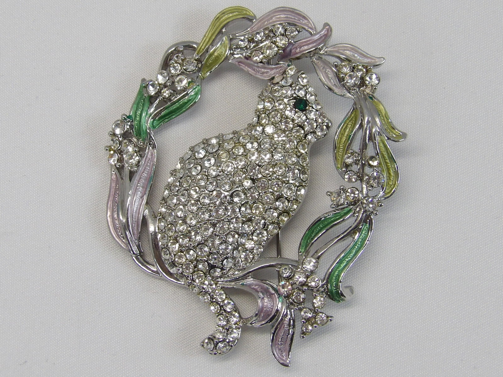 Vintage Large Cat Brooch in Wreath with Enamel & Rhinestones (1 of 2)