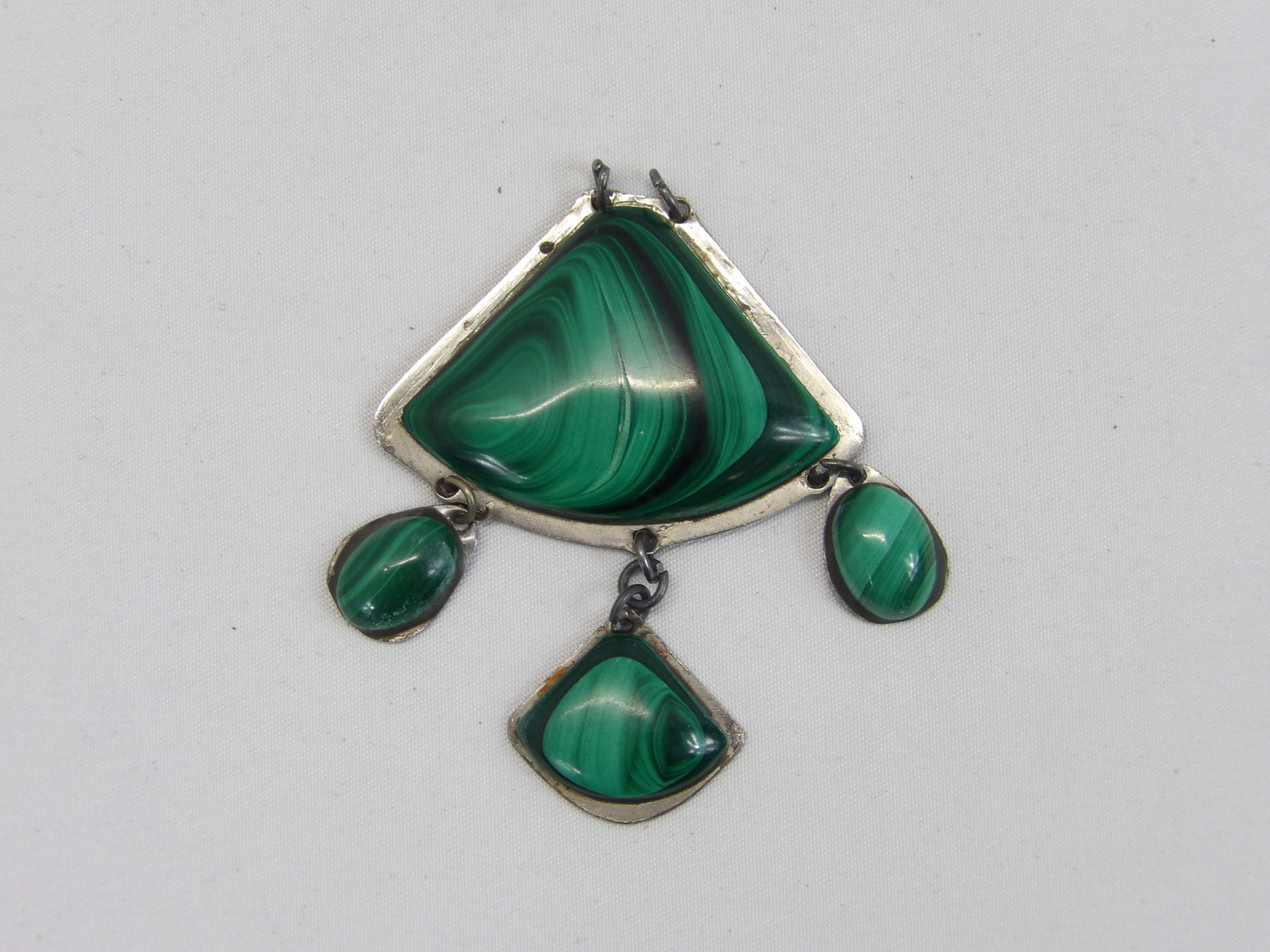 Vintage Green Malachite Stone Pendant: approx. 1 1/4 inches, one stone needs to be hooked back on