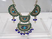 Vintage Egyptian Style Bib Necklace with Blue, Green, & Pearl