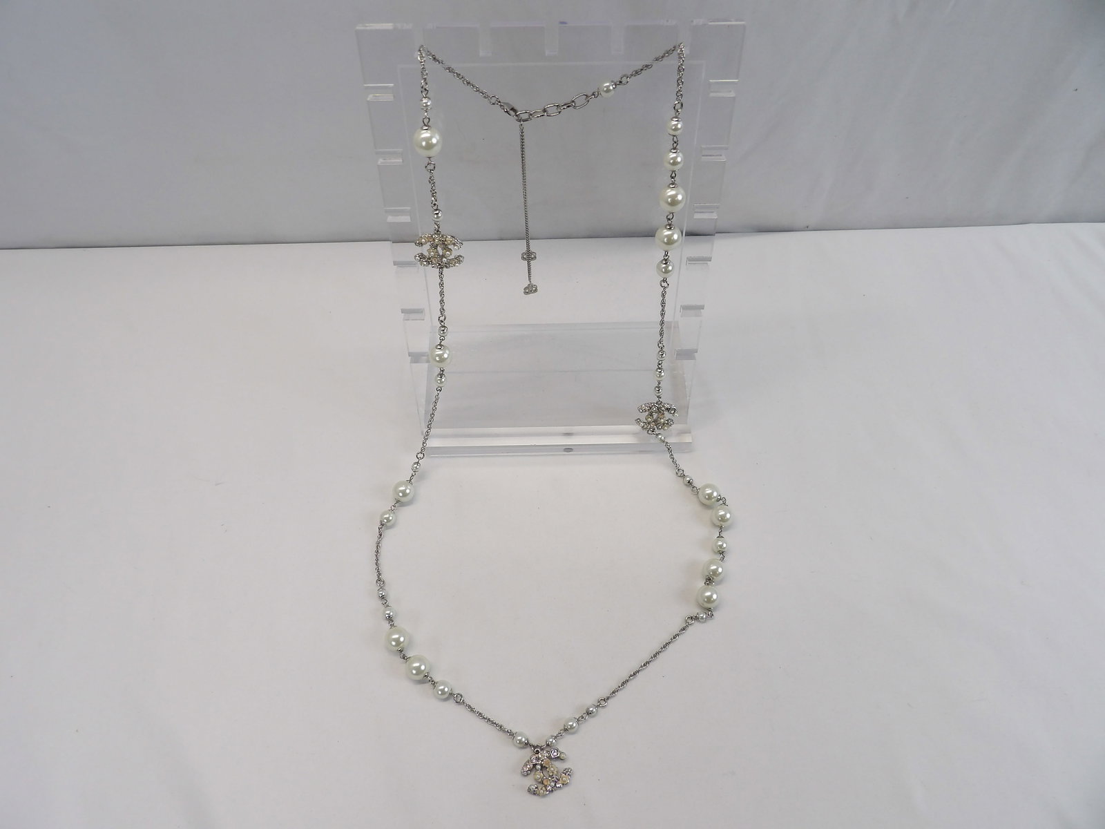 Vintage Chanel Silver Tone Necklace with Faux Pearls, & Enamel (1 of 8)