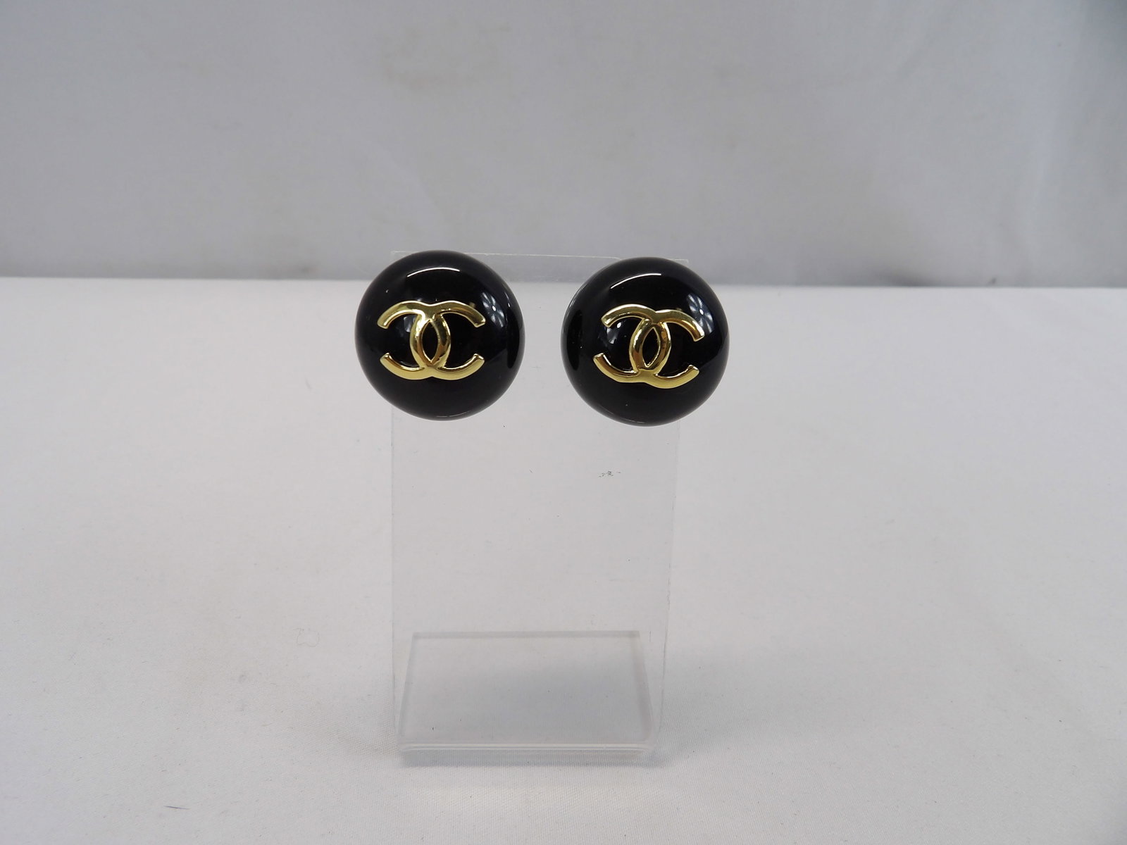 Pair of Black & Gold Tone Chanel Pierced Earrings (1 of 7)