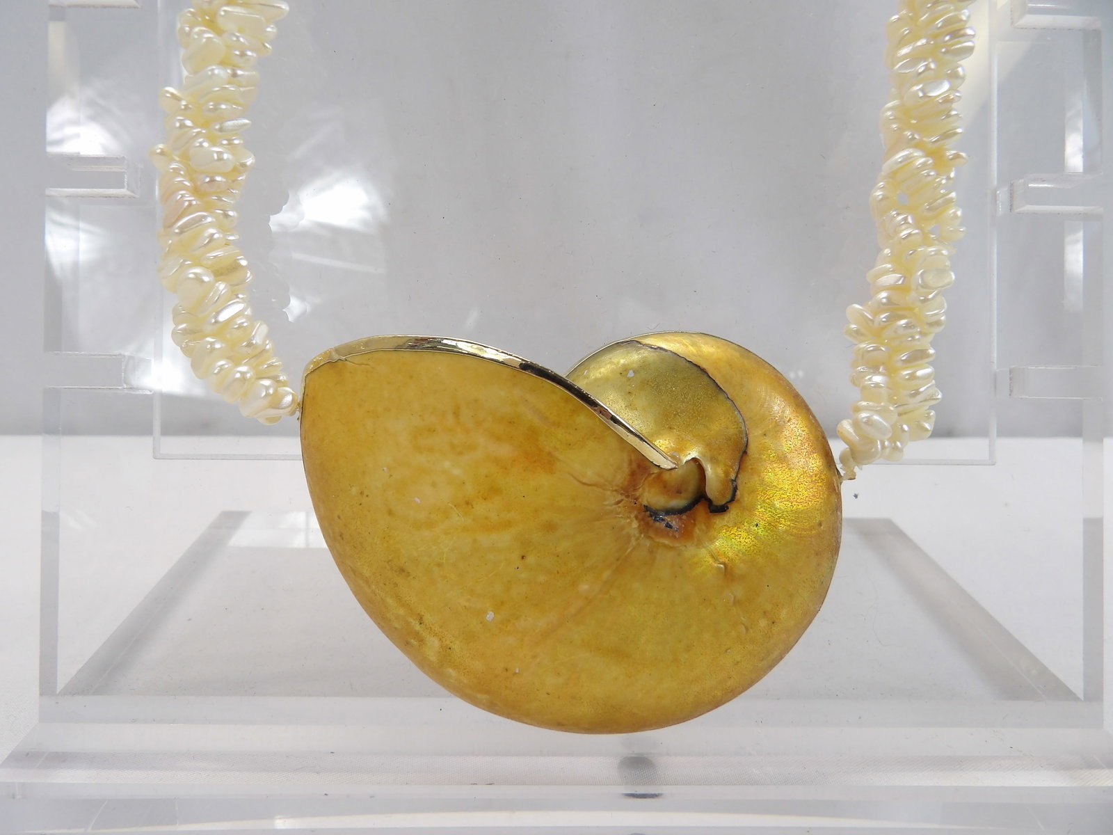 Vintage Gold Dipped Natural Seashell Pendant with Mother of Pearl Beaded Necklace (1 of 5)