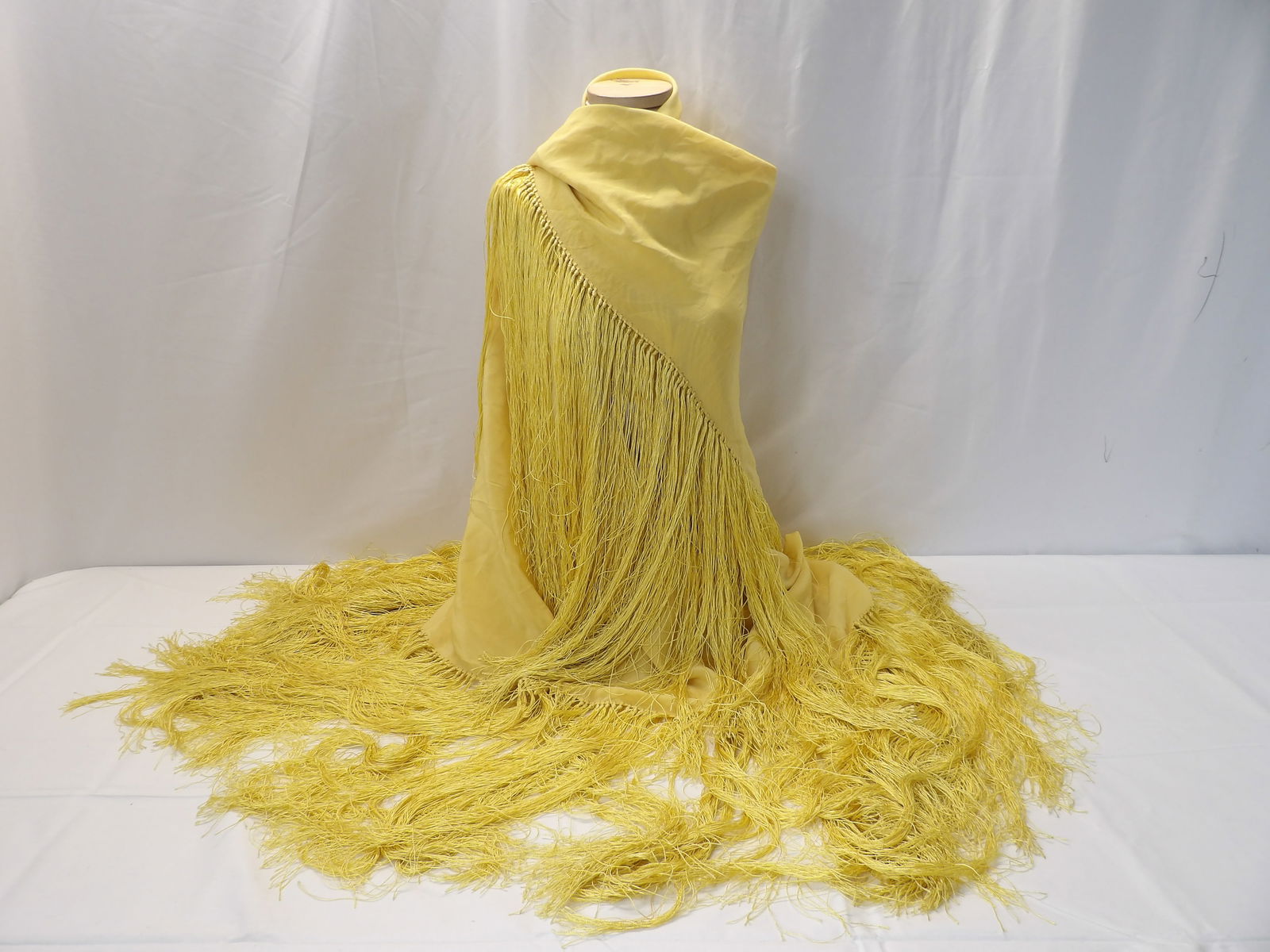 Vintage Yellow Silk Fringe Piano Shawl: approx. 88 inches square including fringe, a couple spots found, see photo's