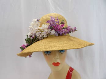 Vintage Sara Sue Wide Brim Wicker Hat with Tiny Pink & Purple Flowers