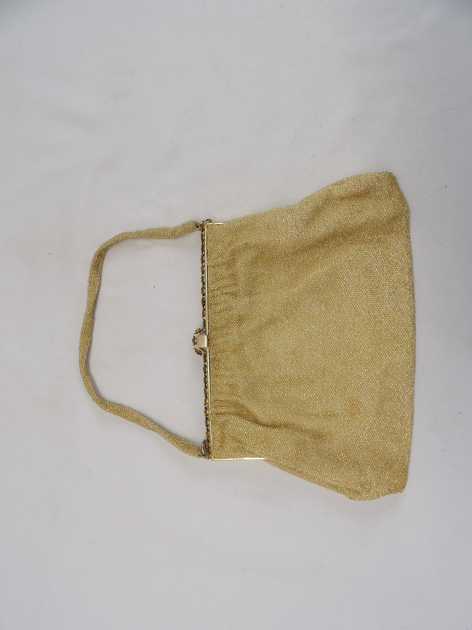 Vintage Walborg Made in France Gold Beaded Bag with Floral Marcasite Frame: approx. 9 1/2 x 6, couple beaded missing at edge, some stains on lining