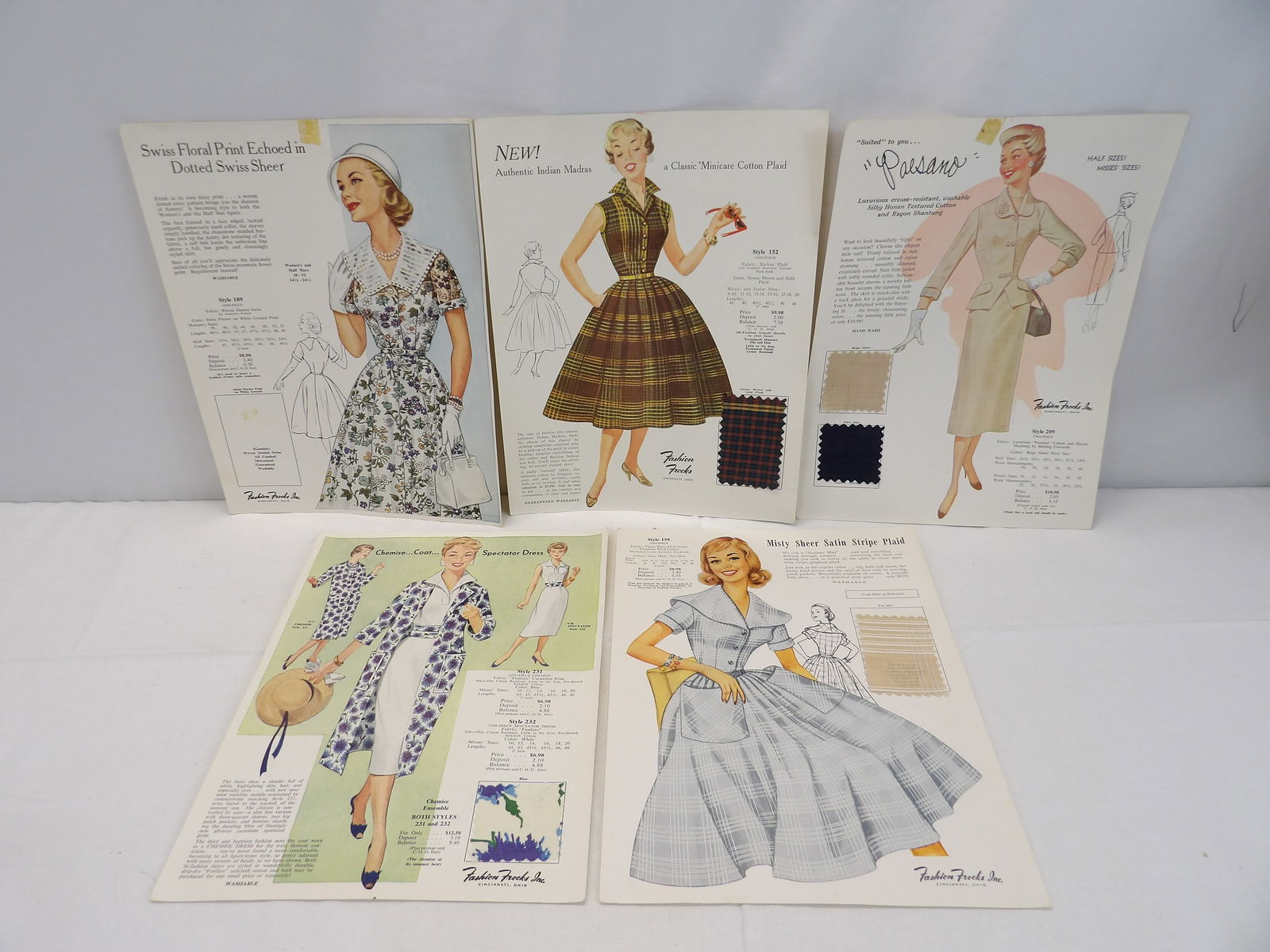 Vintage Lot of 5 Fashion Frocks Inc Advertising Woman's Clothing with Fabric Samples: great for framing, approx. 9 x 12, good condition, see photo's