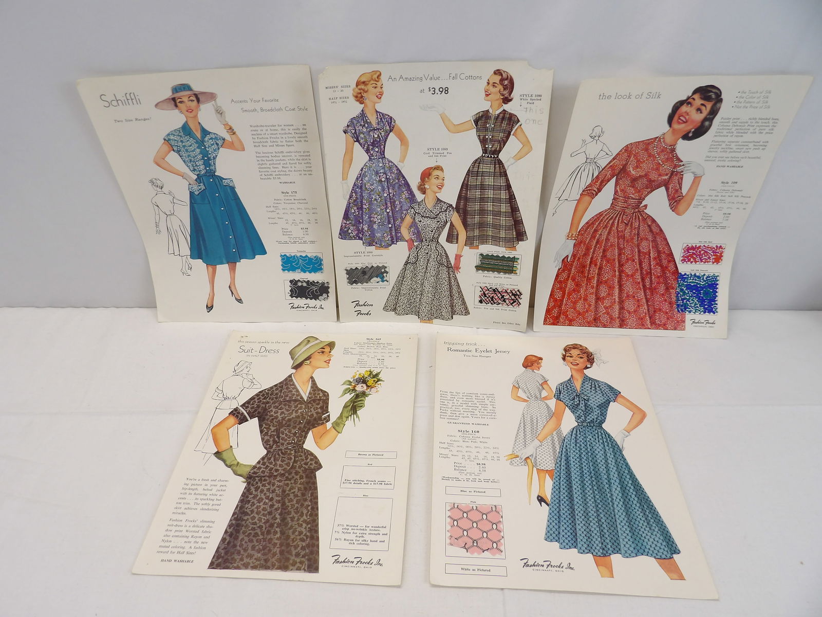 Vintage Lot of 5 Fashion Frocks Inc Advertising Woman's Clothing with Fabric Samples: great for framing, approx. 9 x 12, good condition, see photo's