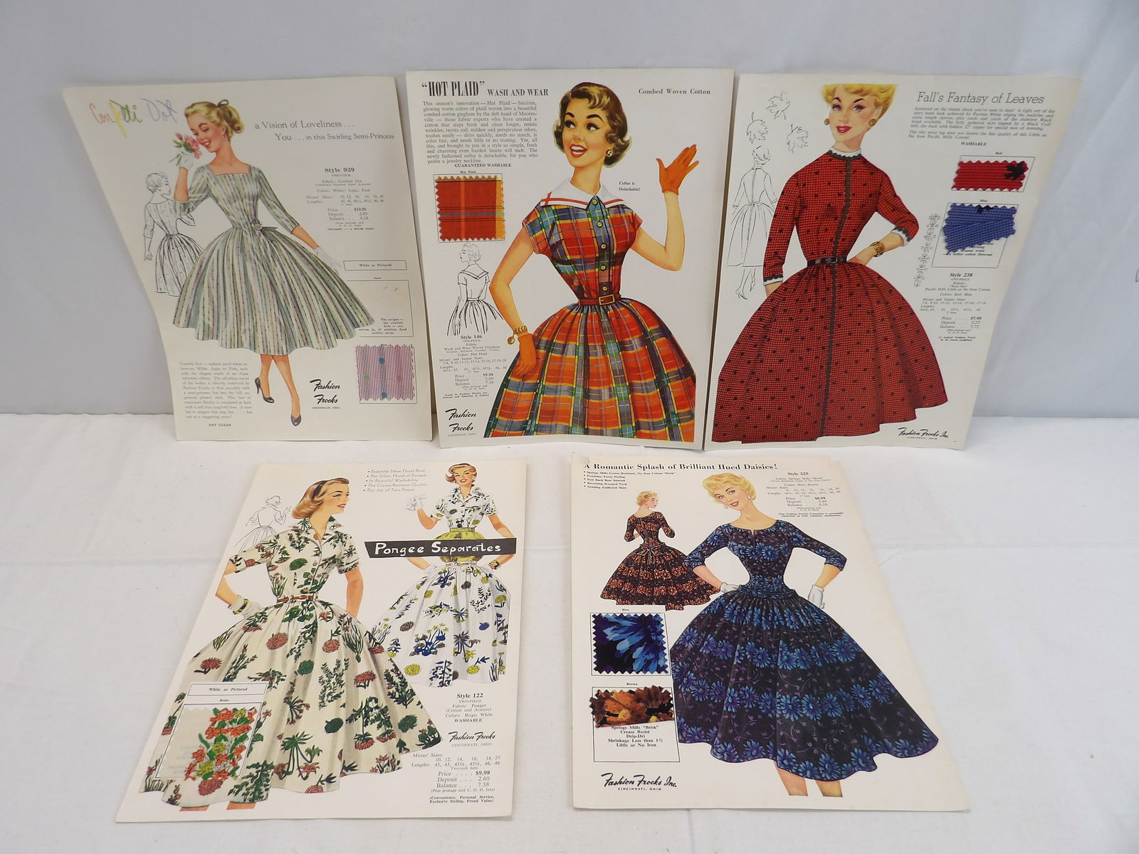 Lot of 5 Vintage Fashion Frocks Inc Advertising Woman's Clothing with Fabric Samples: great for framing approx. 9 x 12, good condition, see photo's