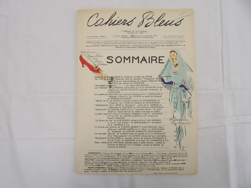 Vintage Chaiers Bleus 1928 Magazine Designer Clothing Advertising with Fabric Samples: great for framing, approx. 10 x 14, good condition, see photo's