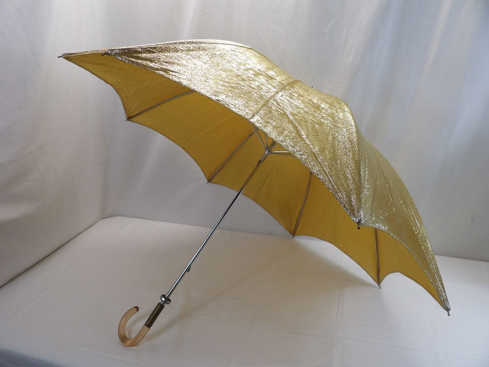 Vintage 1960's Gold Lurex Umbrella with Lucite Handle: approx. 33 1/2 long, see photo's